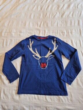 Mini Boden girls 9-10 years blue shirt deer with red/silver sequin nose VGUC
